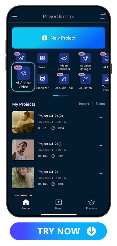 launcher of PowerDirector and highlight AI Anime Video feature icon